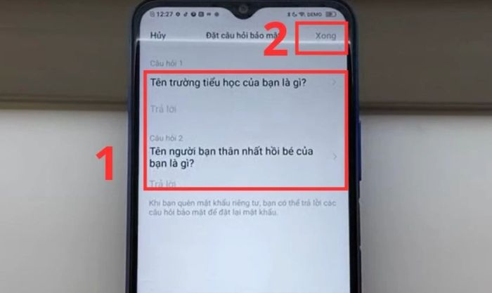 Nhập câu trả lời cho các câu hỏi bảo mật