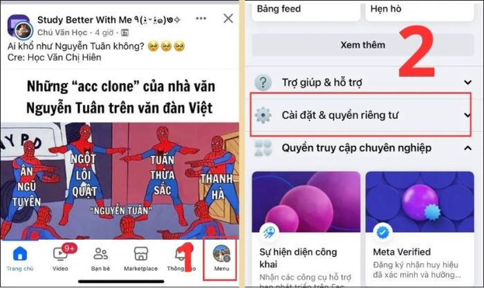 Mở Facebook và truy cập vào mục Menu