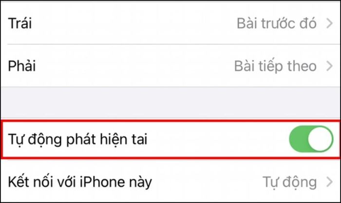 Bật hoặc tắt tính năng Tự phát hiện tai bằng cách gạt công tắc