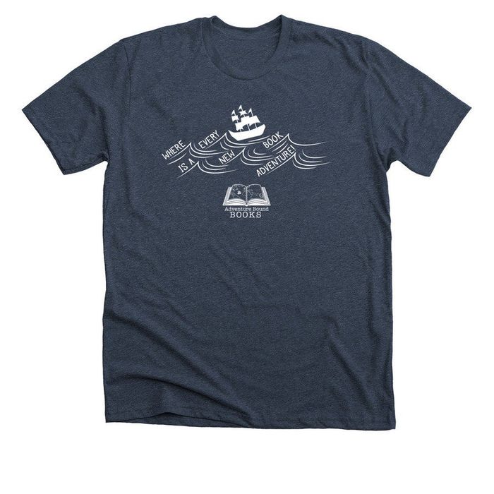A T-shirt featuring a ship sailing on waves formed by the words