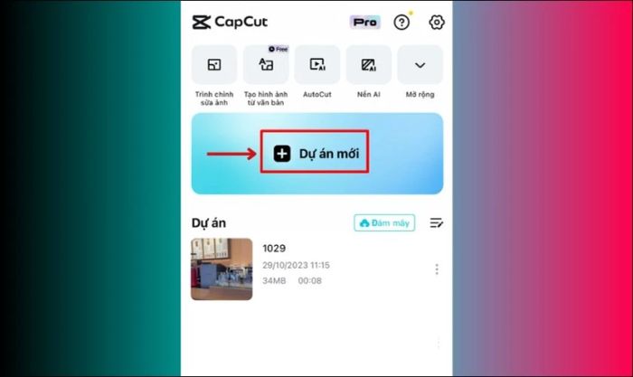 Chọn mục Dự án mới để bắt đầu