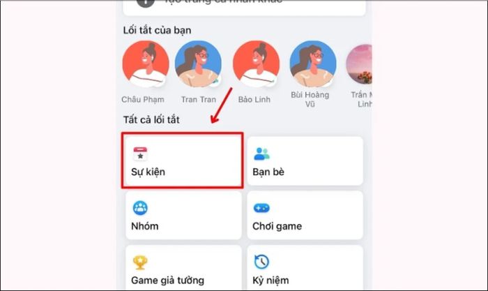 Tìm và chọn mục Sự kiện