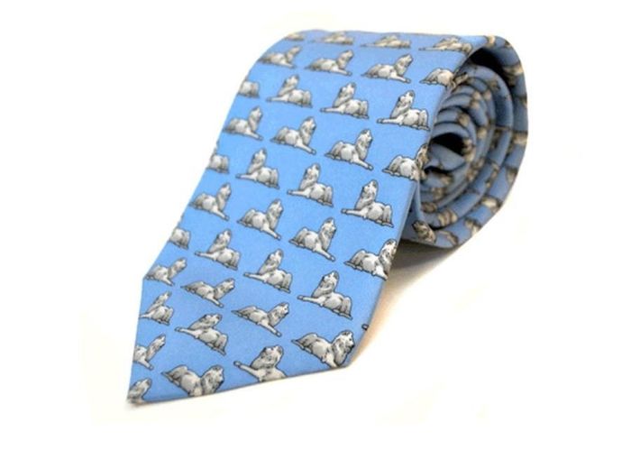 The blue tie adorned with a repeating pattern of white stone lions