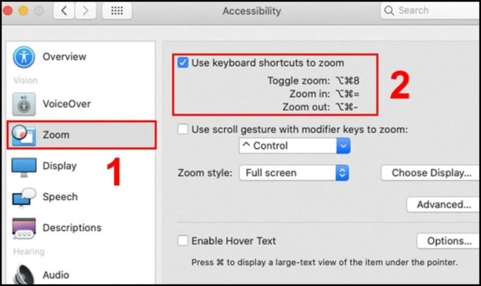 Tích chọn ô Use keyboard shortcuts to zoom