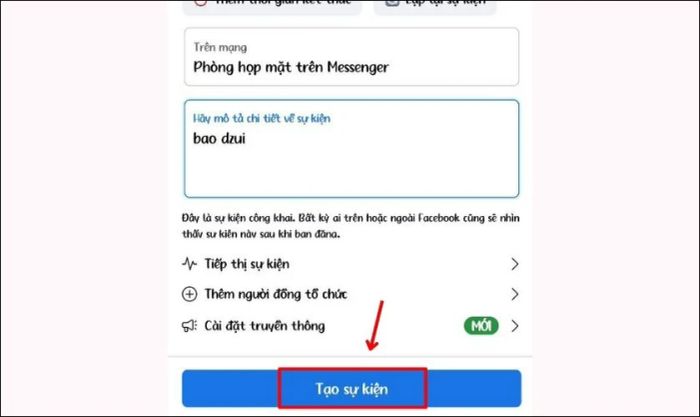 Bấm vào nút Tạo sự kiện để bắt đầu.