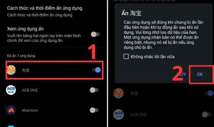 Nhấn OK để xác nhận ẩn ứng dụng