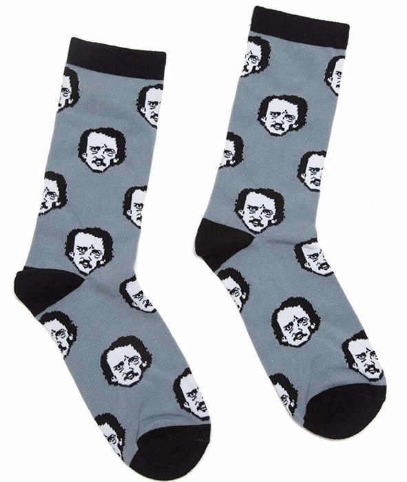 The blue socks covered with tiny Edgar Allan Poe faces