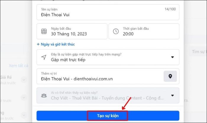 Điền đầy đủ thông tin và nhấn vào Tạo sự kiện