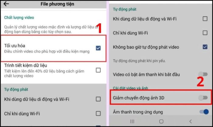 Nhấn vào nút Bật Tối ưu hóa và Tắt chế độ giảm chuyển động ảnh 3D
