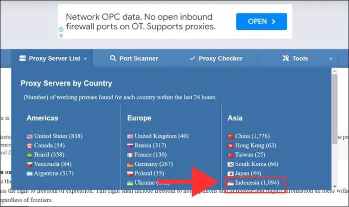 Tại công cụ Proxy Server List, chọn mục Indonesia
