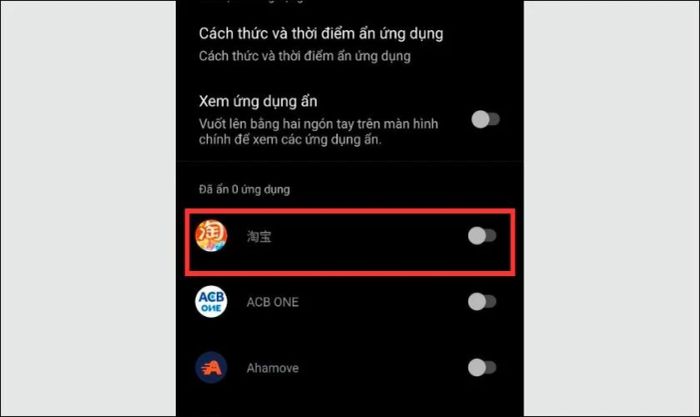 Gạt nút để hiển thị lại các ứng dụng đã ẩn