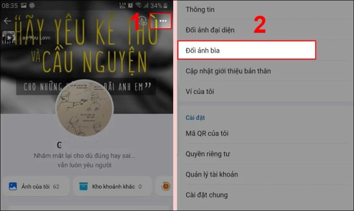 Nhấn vào biểu tượng dấu ba chấm và chọn mục Đổi ảnh bìa