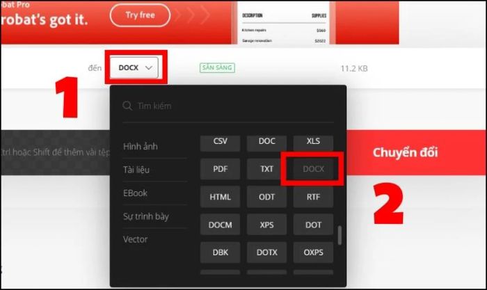 Lựa chọn loại tài liệu mà bạn muốn chuyển đổi từ file Excel sang.