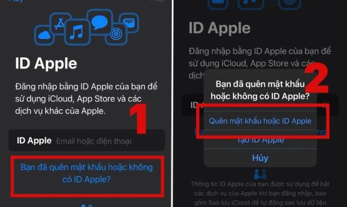 Nhấn vào Quên mật khẩu hoặc ID Apple để bắt đầu quá trình khôi phục mật khẩu iCloud bằng số điện thoại