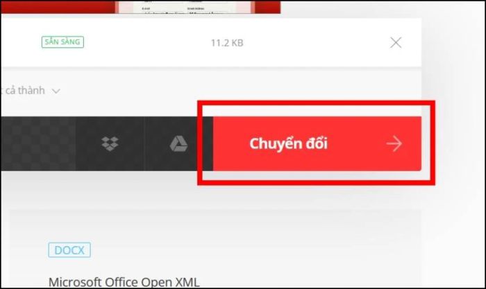 Nhấn vào nút chuyển đổi để bắt đầu quá trình chuyển đổi file Excel sang Word.