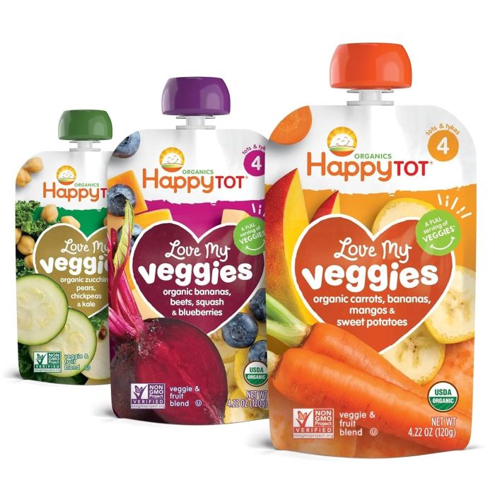 A variety of Love My Veggies Happy Tot pouches
