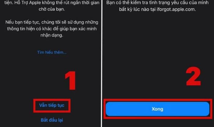 Chọn Xong và đợi Apple gửi thông tin khôi phục mật khẩu iCloud