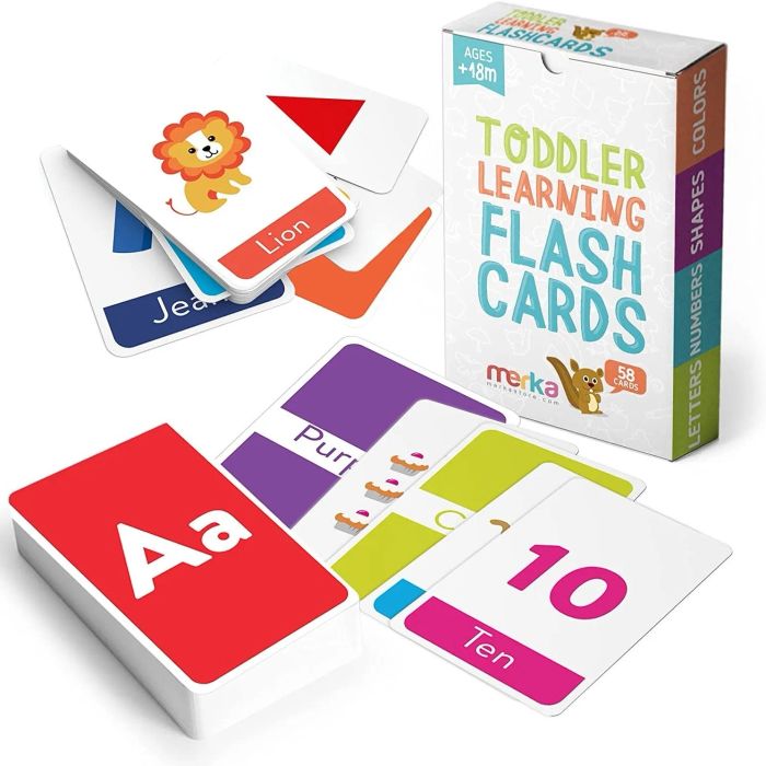 Flash cards featuring numbers, colors, letters, and animals