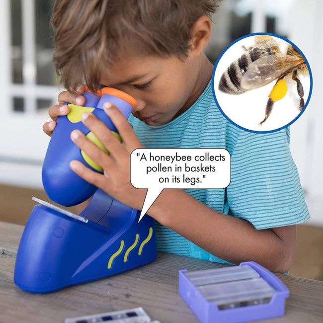 A child peering into the microscope with curiosity
