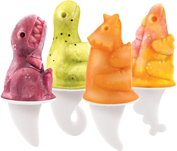 Four colorful dinosaur-shaped ice pops