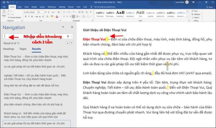 Khắc phục lỗi Word với khoảng trắng dư thừa bằng cách sử dụng lệnh Tìm kiếm