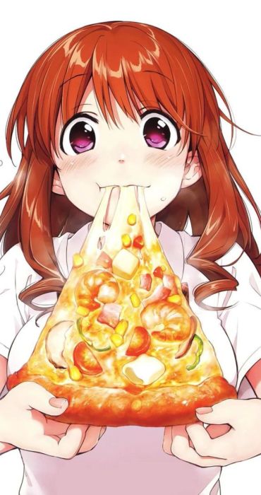 Hình ảnh cô gái thưởng thức pizza theo phong cách anime