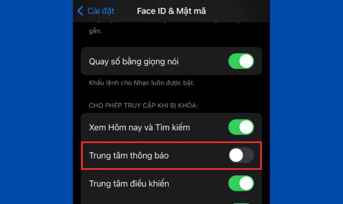 Tìm mục Trung tâm thông báo và gạt nút sang trái để tắt