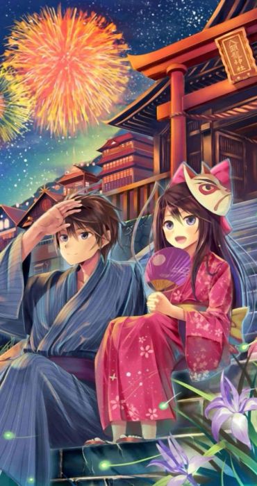 Hình ảnh anime cặp đôi ngắm pháo hoa trong ngày Tết