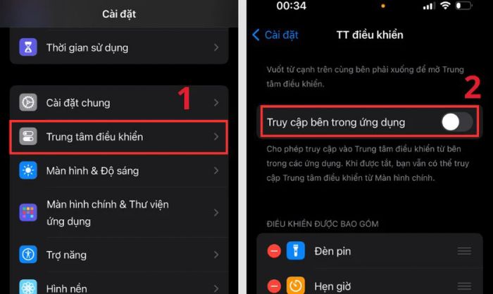 Ngăn Trung tâm điều khiển hoạt động trong ứng dụng