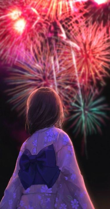 Hình ảnh bóng lưng cô gái anime ngắm pháo hoa đêm giao thừa