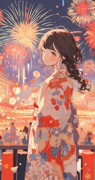 Hình nền Tết anime với pháo hoa đẹp mắt