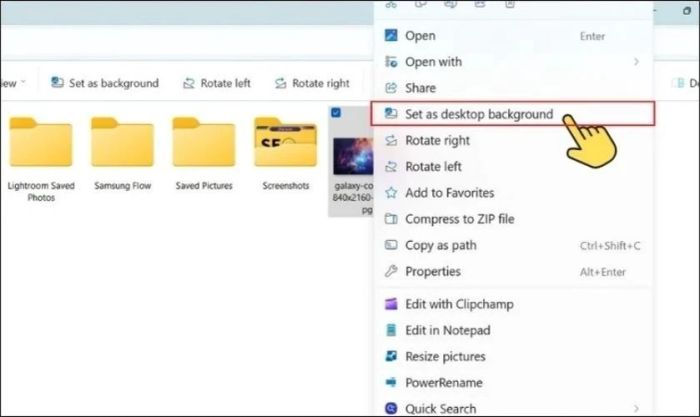 Chọn hình ảnh yêu thích và nhấp vào tùy chọn Set as desktop background
