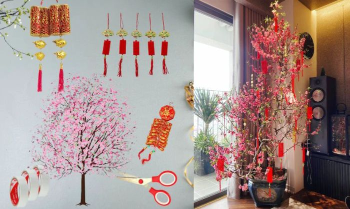 Trang trí cây đào ngày Tết bằng dây pháo