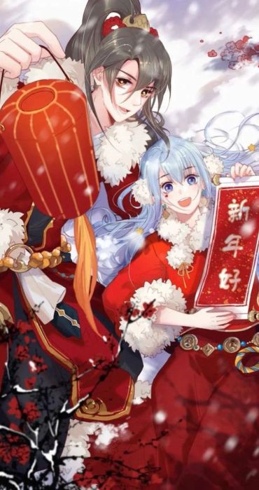 Hình nền anime Tết với cặp đôi dễ thương và ngọt ngào