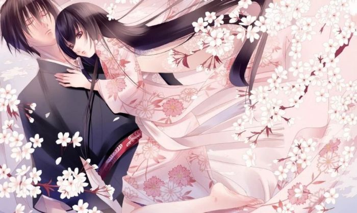 Hình nền anime cặp đôi kết hợp cùng hoa đào mang đậm không khí xuân
