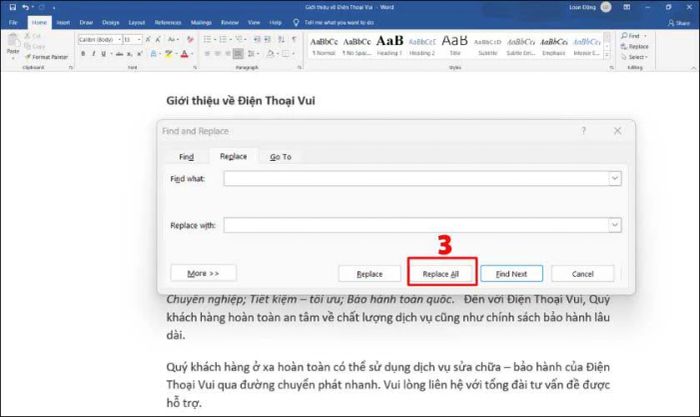 Nhấn chuột vào ô Replace All để thực hiện thay thế toàn bộ.