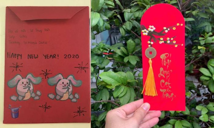 Gắn thêm bao lì xì và linh vật lên cây đào chưng Tết