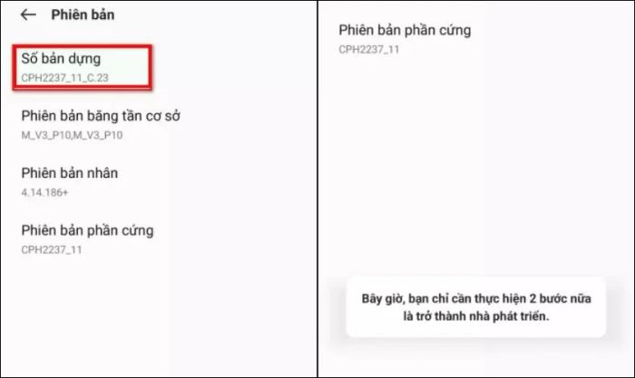 Tìm và nhấn vào mục Số bản dựng 7 lần