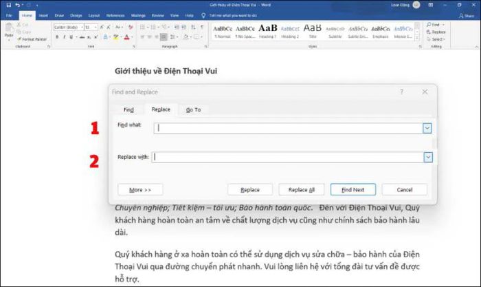Trong mục Find what, bạn nhập 2 khoảng trắng.