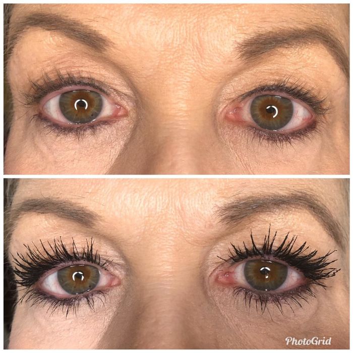 A before photo of the reviewer with natural lashes and an after photo showing their lashes dramatically darkened, lengthened, and looking fluttery with the mascara
