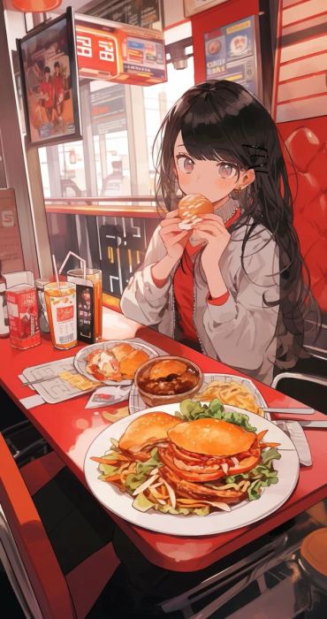 Hình ảnh cô gái anime thưởng thức đồ ăn