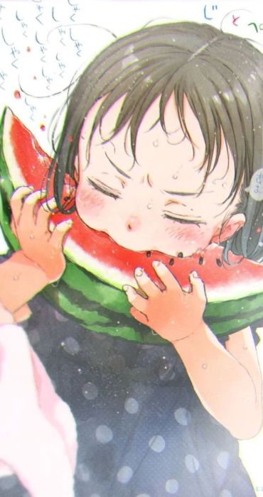 Bé gái ăn dưa hấu đỏ ngày Tết theo phong cách anime đáng yêu