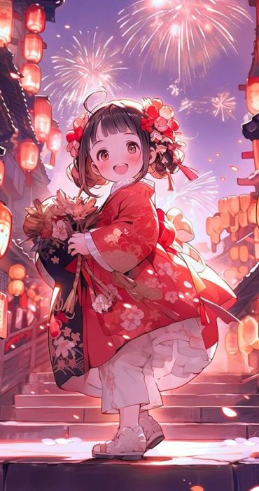 Hình ảnh anime bé gái cùng đèn lồng mang đậm không khí Tết