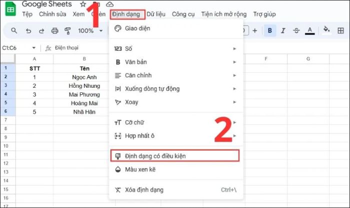 Chọn thẻ Định dạng để thêm màu cho danh sách thả xuống.