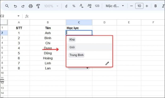 Kết quả khi tạo drop list trong Google Sheets