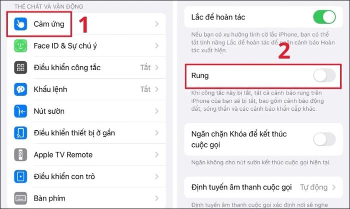 Chọn mục Cảm ứng và tắt công tắc Rung