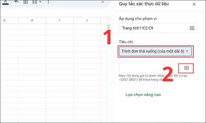 Tạo danh sách lựa chọn trong Google Sheets qua Trình đơn thả xuống