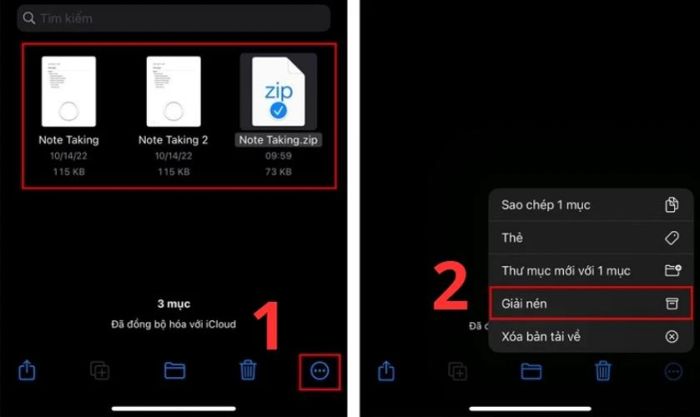 Nhấn Giải nén để hoàn thành việc mở file Zip trên iPhone