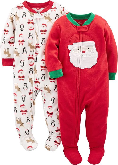 Two onesies: one decorated with Santa and penguins, and the other in red with a Santa graphic in the middle.