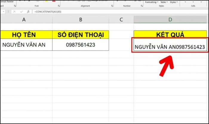 Kết quả sau khi áp dụng hàm CONCATENATE có điều kiện để ghép từ